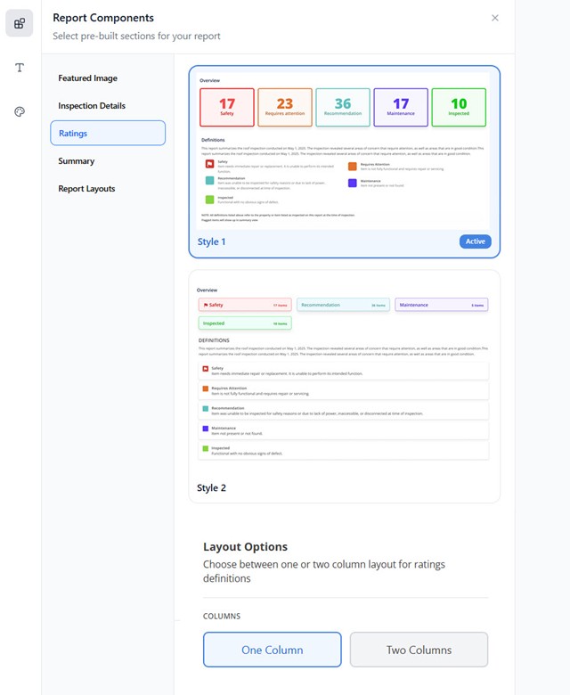 Home inspection report ratings display in Palmtech