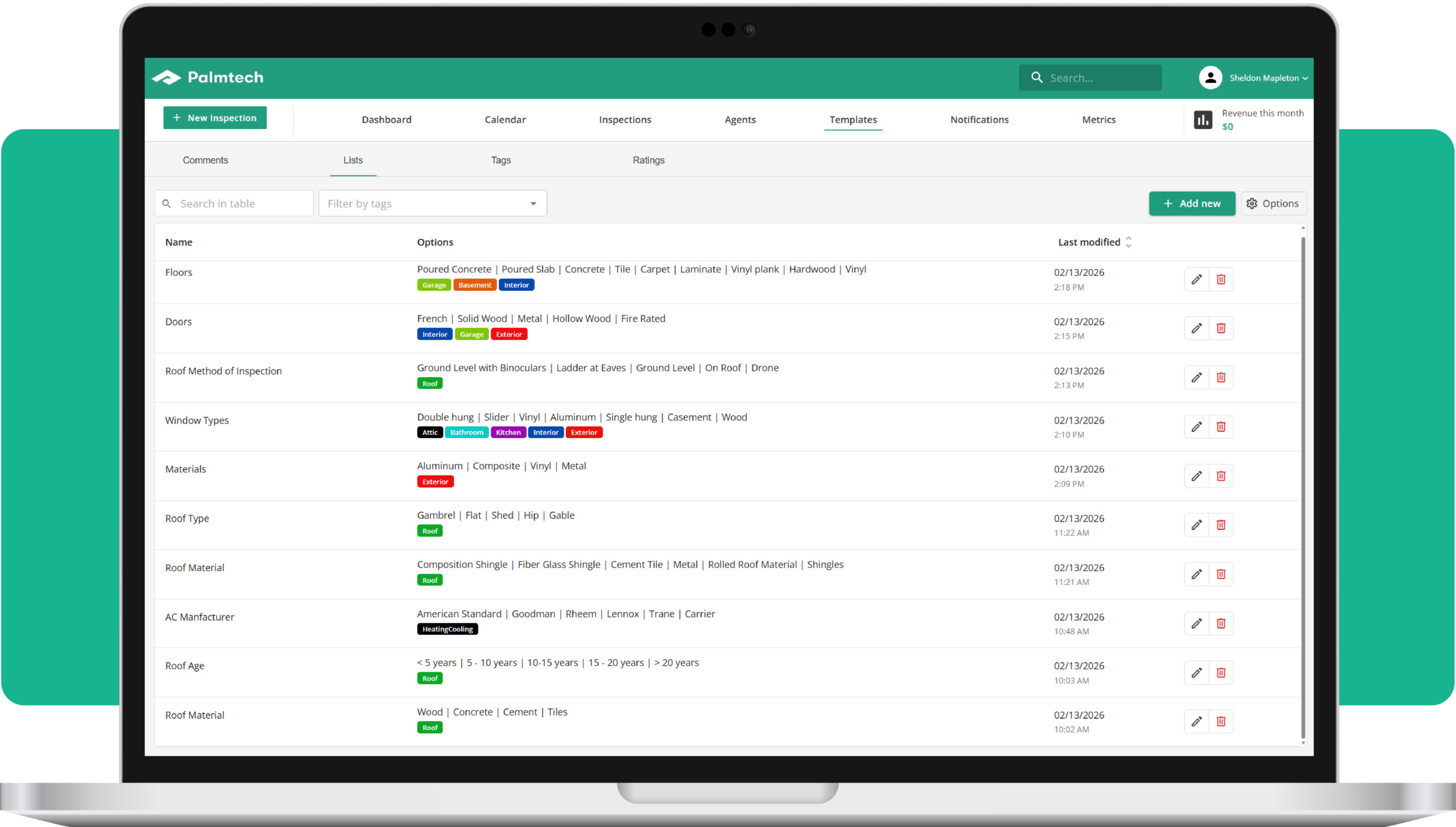 Global Lists in Palmtech home inspection software